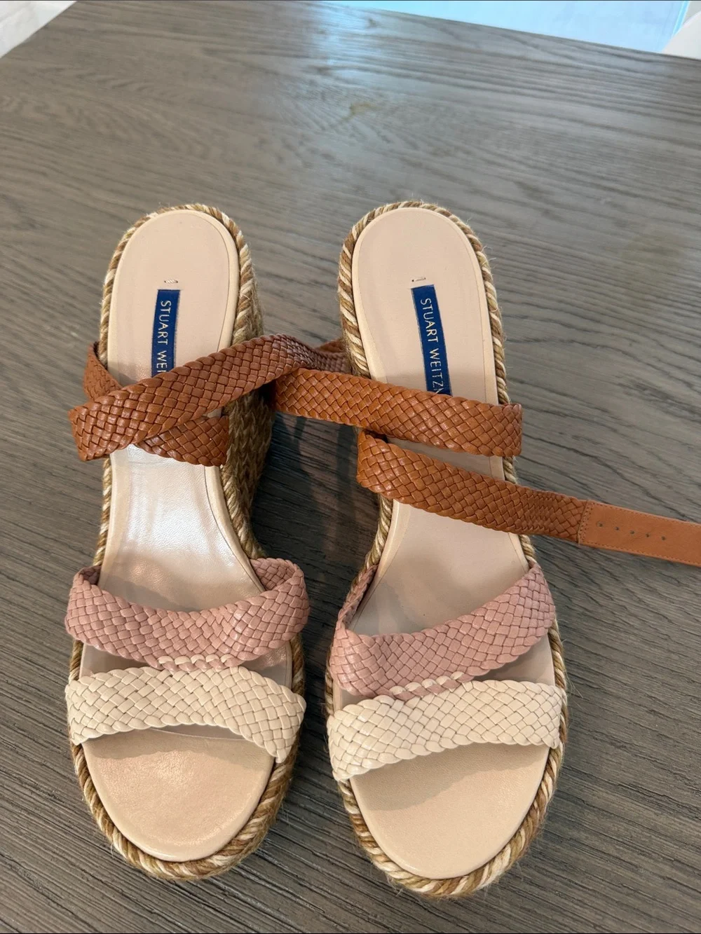 Stuart Weitzman Tan, Pink & Cream Woven Espadrille Wedge Sandals - Picture 1 of 5